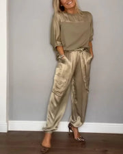 Angelique | Smooth Satin Half-sleeved Top and Pants Set