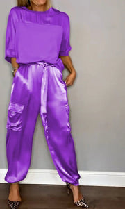 Angelique | Smooth Satin Half-sleeved Top and Pants Set